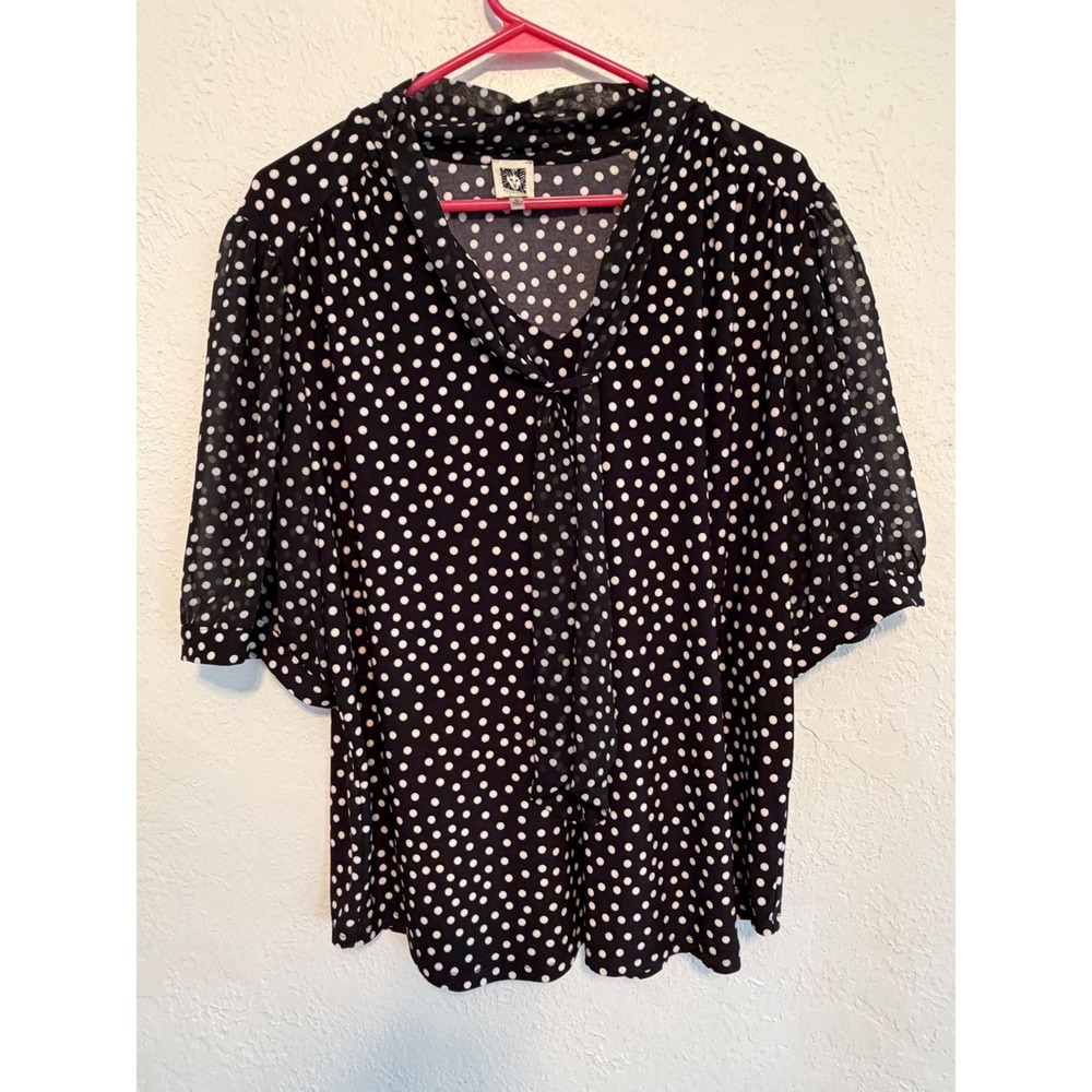 Anne Klein Black White Polka Dot Tie Neck Blouse XL Chiffon Short Sleeve Top